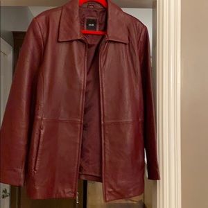 Soft genuine leather coat jacket in rich burgundy